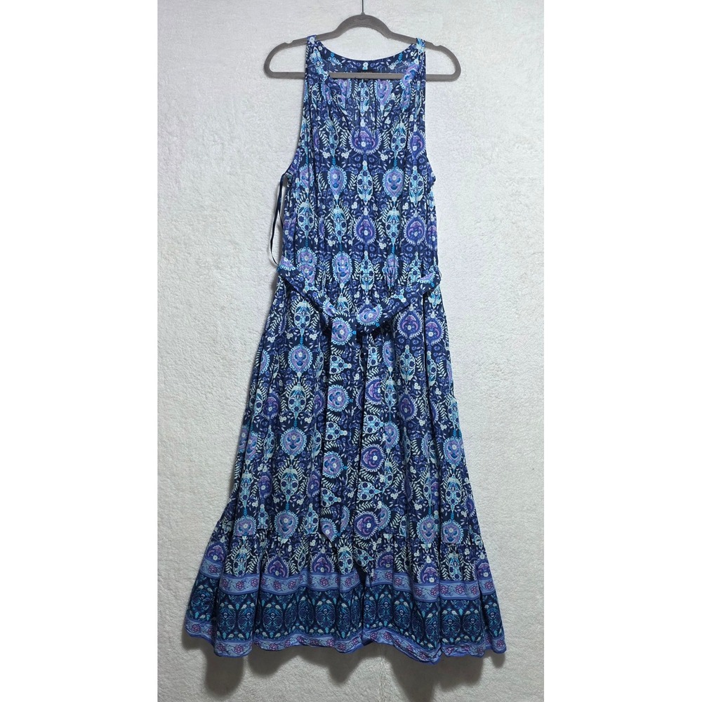 Talbots Plus 20W Blue Paisley Cotton Tiered Maxi Dress Sleeveless Belted NEW